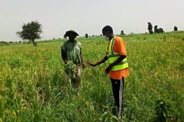 Extension worker guiding farmer on effective post planting practices in tetteba community.