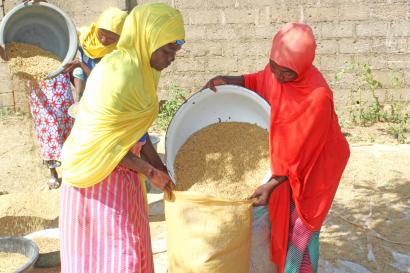 Two people filling a sack with grains.