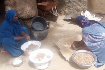 Nigerian women work with their ground nut crop.