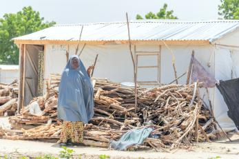 Bintu ali standing beside her pile of wood in front of her shelter.