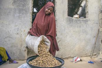 A farmer showing off groundnuts they harvested from their farm.