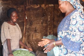 A person speaking to someone holding pumpkin leaves in a bowl.