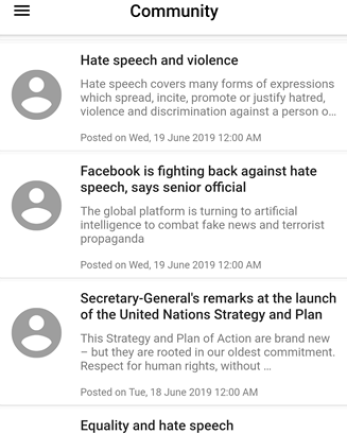 A mobile screenshot of an app designed to help communities with hate speech.
