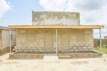 The outside of a transitional shelter.