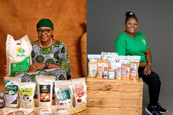 Two business entrepreneurs with their packaged products.