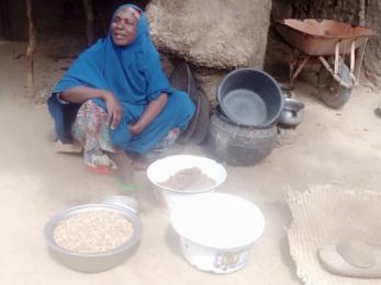 Nigerian woman sits behind examples of her ground nut crop.