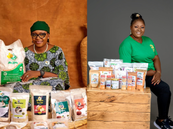 Two business entrepreneurs with their packaged products.