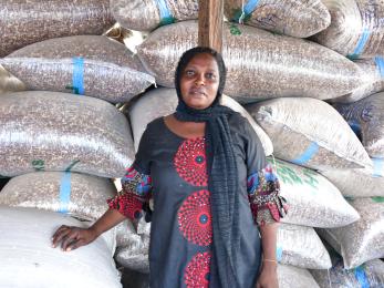 A person standing with many large bags of grain.